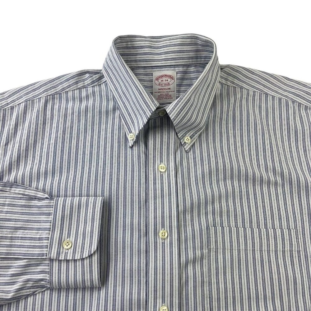 Brooks Brothers Madison Dress Shirt16-34 Blue Vertical Stripes Supima Non-Iron